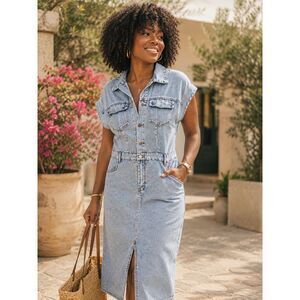 Button Down Denim Midi Dress Light Wash Cap Sleeve Front Slit Jean XL